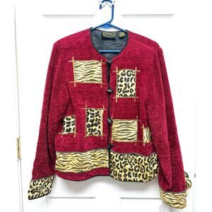 Alex Kim Sweater Red Animal Print Jacket L Venetian Glass Buttons Lined Blazer